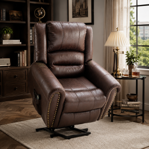 Large Executive Power Lift Recliner Chair with Heating Massage Points, Heavy Duty Electric Faux Leather Recliner with USB Port and Side Pockets, 104x106x102 cm, Brown