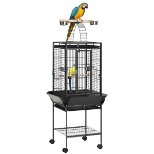 PawHut Jaula para Pájaros Jaula para Loros con Ruedas Perchas Comederos Estante Puente Arqueado y Bandejas Extraíbles Pajarera para Cacatúa Ninfa Cacatúas Cotorras 62,5x62,5x156 cm Gris
