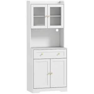 HOMCOM Küchenschrank mit Arbeitsfläche, Weinglashalter, Vorratsschrank für Küche, Esszimmer, 170 cm, MDF, Glas, Weiß