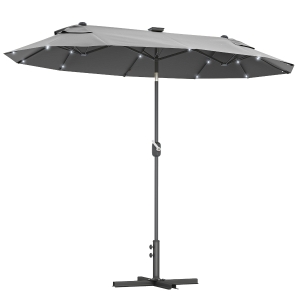 Outsunny Sombrilla de Jardín Doble 295x150x219 cm con Luces LED Solares Toldo con Inclinación Ajustable y Manivela Manual Gris