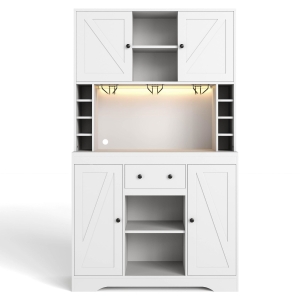 Armário alto de cozinha com função de adega, tira de luz LED, prateleiras ajustáveis, 105x40x180 cm, Branco