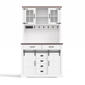 Armário de cozinha, superfície de trabalho multifuncional, prateleiras ajustáveis, ganchos em aço inoxidável, proteção anti-tombamento, 108x40x180 cm, Branco