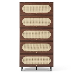 Aparador com 5 portas basculantes, muito espaço de arrumação e frente em rattan, 80x40x163 cm, Cor natural