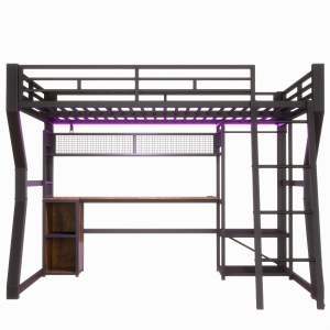 Cama alta 140x200 cm com secretária integrada, fita LED regulável e tomada integrada, 204x181,5x180 cm, Preto
