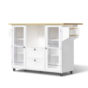 Ilha de cozinha sobre rodas com tampo rebatível, sistema anti-tombamento e rodas traváveis a 360°, 120x70x92 cm, Branco