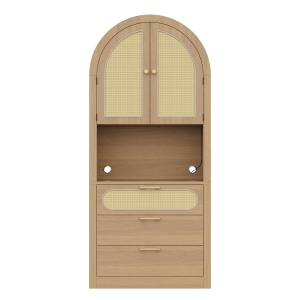 Vitrine moderna curvada, portas em rattan e fixação anti-tombamento, 80x35x180 cm, Cor natural