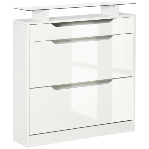 HOMCOM Zapatero Estrecho de 2 Puertas Mueble Zapatero para 16 Pares de Zapatos con Cajón Estante Abierto y Encimera de Vidrio para Pasillo Entrada 89x23x96 cm Blanco