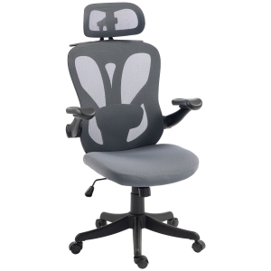 HOMCOM Cadeira Escritório Ergonômica Apoios de Braço Rebatíveis 3D Apoio de Cabeça 2D Cabide em Malha Cinza Escuro