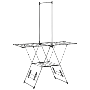 HOMCOM Séchoir à linge étendoir pliable, ailes réglables 5 niveaux, 4 supports à chaussures, acier inoxydable, argenté