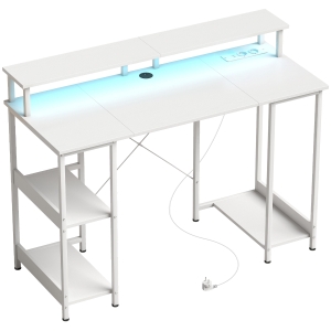 HOMCOM Escrivaninha para Computador Reversível Prateleiras 120x50 cm com Tomadas Elétricas e Luzes LED Branco Efeito Madeira
