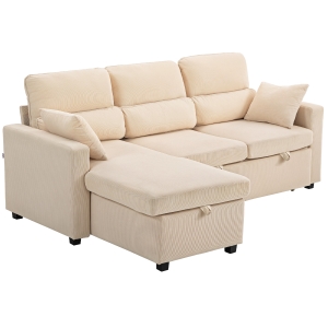 HOMCOM Canapé d'angle convertible en velours côtelé, canapé-lit 3 places avec rangement caché, coussins, 205x135x76cm, beige