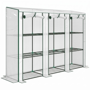 Outsunny Serre de jardin avec étagères à 3 niveaux serre de balcon 3 portes enroulables zippées 215 x 46 x 151 cm blanc