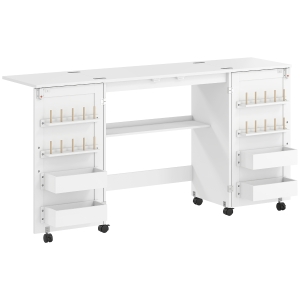 HOMCOM Table de couture pliante, meuble couture à roulettes, 2 portes magnétiques, 4 bacs, 20 crochets, 160x40x81,5cm, blanc