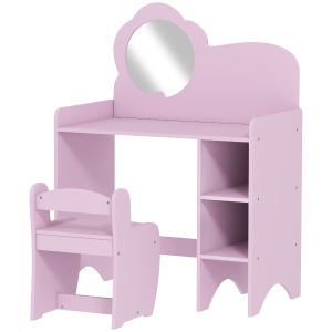 AIYAPLAY Tocador Infantil con Taburete y Espejo en Forma de Flor con Estantes Abiertos para Niños y Niñas de 3-8 Años Morado