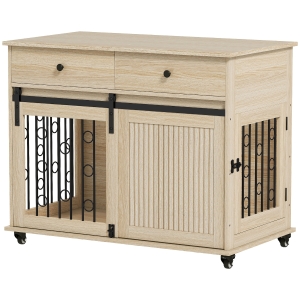 PawHut Jaula para Perros Medianos y Grandes Mesa Auxiliar Moderna con 2 Cajones 2 Puertas y Cierre 100x56x81 cm Roble