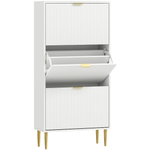 HOMCOM Meuble à chaussures 18 paires avec 3 tiroirs rabattables, portes cannelées et étagères réglables, 60x24x122,5cm, blanc