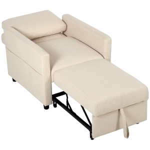 HOMCOM Poltrona-Cama 3 em 1 em Tecido Efeito Linho com Encosto Regulável Branco Creme