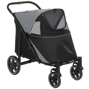 PawHut Carrinho para Cães Dobrável com Janelas de Malha Cinto de Segurança e Bolsos de Armazenamento 112x65x100 cm Cinzento