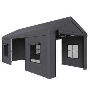 Outsunny 3 x 6 m Heavy Duty Carport, Portable Garage Car Canopy Tent with Galvanised Frame, Doors, Windows, Dark Grey