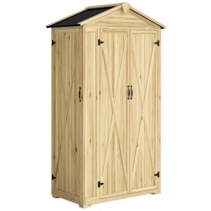 Outsunny Caseta de Jardín de Madera 93x53x168 cm Armario para Herramientas con 4 Estantes 3 Puertas y Ganchos Madera Natural