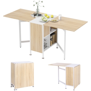 HOMCOM Mesa Plegable de Comedor, Mesa de Cocina Plegable, con Alas Abatibles, 4 Compartimentos, 3 Formas, Hasta 4 Personas, para Salón, Espacio Pequeño, 169x60x75 cm, Roble y Blanco
