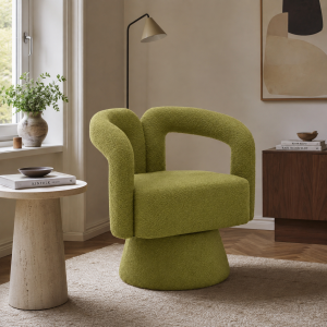 Drehbarer Polsterstuhl, gepolstert mit Bouclé-Stoff, tonnenförmiges Design, Olivgrün