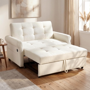 Convertible Sofa Bed with Adjustable Backrest, Functional Sofa with USB & Type-C Ports and Storage Pocket, 135L x 173W x 58H cm, Off White