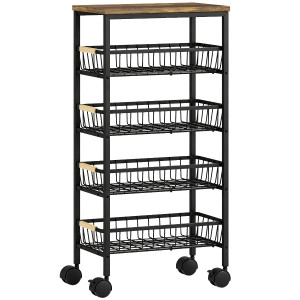 HOMCOM Carrinho Auxiliar com Rodas, 4 Cestos Amovíveis, 15 kg, Estrutura Metálica, para Sala de Jantar, 40x24x81,5 cm, Castanho Rústico