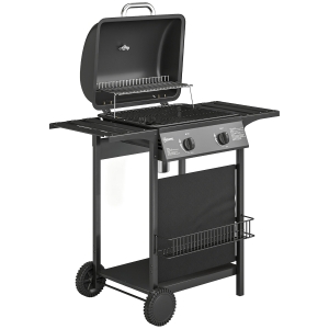 Outsunny Barbacoa de Gas BBQ Gas con 2 Quemadores 5 kW Termómetro Mesas Laterales Estante Rejilla Calentadora 2 Ruedas Negro