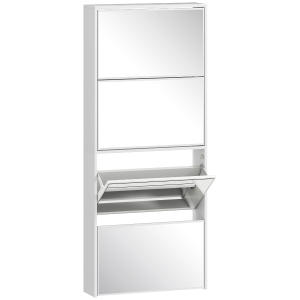 HOMCOM Zapatero Estrecho con Espejo y 4 Puertas Abatibles para 12  Pares de Zapatos 63x17x146 cm Blanco