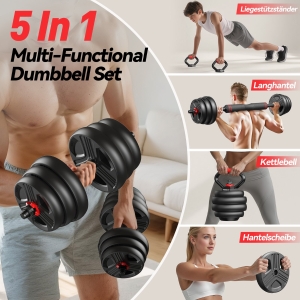 Set di manubri regolabile 5‑in‑1, set da 2, ammortizzante, salva-pavimento, anti-ruggine e inodore, 57,5x29x17,5 cm, Nero