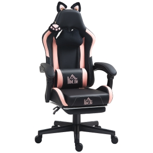 HOMCOM Gamingfauteuil met kattenoortjes, kantelbare rugleuning, uitschuifbare voetsteun, tot 120 kg, Roze/Zwart