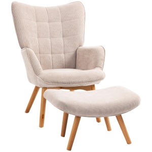 HOMCOM Fauteuil met Scandinavisch accent, voetenbank, fauteuilset, beukenhout, corduroy-look, beige