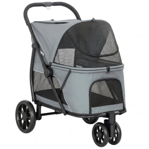 PawHut Carrinho para Cães Dobrável com 3 Rodas Janelas de Rede Almofada Lavável Todo-o-Terreno Carga 20 kg 92x63x95 cm Cinzento