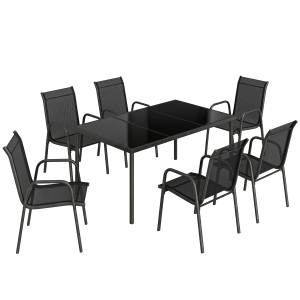 Outsunny Salon de Jardin 6 Personnes Ensemble Table et Chaises Jardin avec Chaises Empilables en Textilène 70x51x87cm Noir