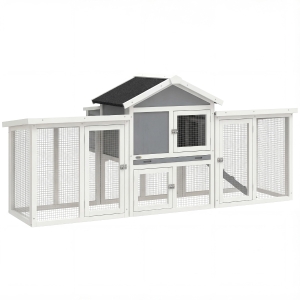 PawHut Poulailler clapier modèle chalet multi-équipé : rampes, nichoirs, plateau, en bois massif 204 x 85 x 93 cm gris