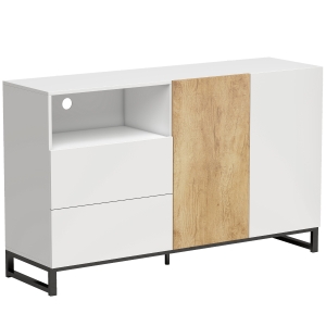 HOMCOM Aparador para Sala com 2 Portas, 2 Gavetas, Nicho Aberto e Prateleira Ajustável 140x40x85 cm Branco e Carvalho
