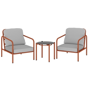 Outsunny Salon de Jardin 3 Pièces, 2 Fauteuils, 1 Table Basse, Coussins Épais, Plateau en Verre Trempé, 63x77x76cm, Rouge Vineux