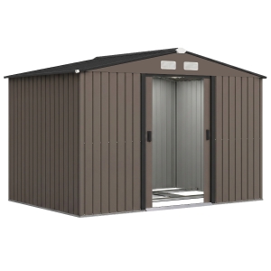 Outsunny Cobertizo de Jardín 4,9 m² 277x195x192 cm con 2 Puertas Corredizas Techo Inclinado y 4 Ventanas Marrón