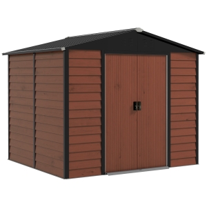 Outsunny Cobertizo de Jardín Exterior 4,4 m² 240x206x198 cm con Base Puerta Corredera y Cerradura Armario para Jardín Teca