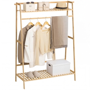 HOMCOM Perchero de Pie de Madera de Bambú para Ropa con 2 Estantes 2 Ganchos y Barra para Colgar 114x40x139 cm Natural