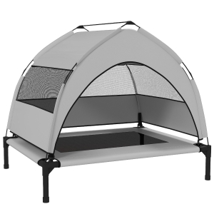 PawHut Verhoogd Hondenbed Outdoor met Dak, Koelend Hondenbed met Stalen Frame, 76x61x70cm, Lichtgrijs