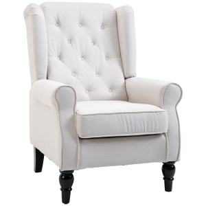 HOMCOM Ohrensessel Relaxsessel Sessel, Vintage-Design, Knopfheftung, gedrechselte Beine, 74 cm x 86 cm x 102 cm,  Cremeweiß