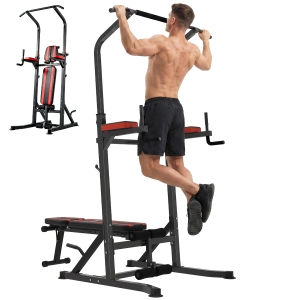 HOMCOM Power Tower Pieghevole con Panca Piana Regolabile, Rack Palestra Multifunzione con Barre per Dip e Trazioni, Altezza Regolabile 7 Livelli, in Acciaio, Allenamento Fitness Casa Palestra, Rosso