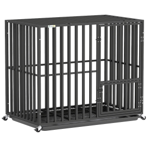 PawHut Heavy Duty Dog Crate, Dog Cage with Wheels for Small Medium Breeds, Metal Pet Kennel with Removable Tray