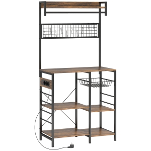 HOMCOM Scaffale Cucina con Prese e LED, Angolo Caffè, Asta Appendiabiti, Pannello in Metallo, 5 Ripiani, Cestello, 10 Ganci, Marrone Rustico