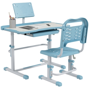 ZONEKIZ Pupitre Infantil Ajustable con 1 Cajón 1 Estante para Libros y Ángulo de Mesa Ajustable 80x49,5x82-104 cm Azul y Blanco
