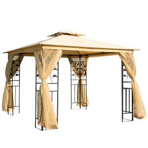 Outsunny Cenador de Jardín 3x3x2,72 m Gazebo Carpas para Exterior Grandes con Doble Techo Mosquiteras y Marco de Acero para Patio Fiesta Beige