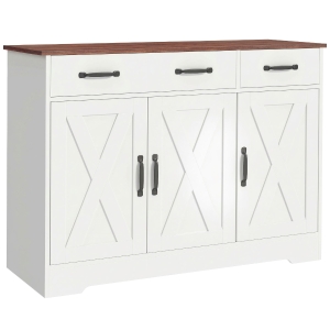 HOMCOM Buffet cuisine, meuble de rangement avec 3 portes de grange, 2 tiroirs et étagères réglables, 108 x 40 x 81 cm, blanc