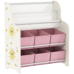 AIYAPLAY Kids Storage Unit, Toy Organiser with 6 Fabric Drawers and 2-Tier Sling Book Rack for Bedroom, Playroom, Nursery, Pink